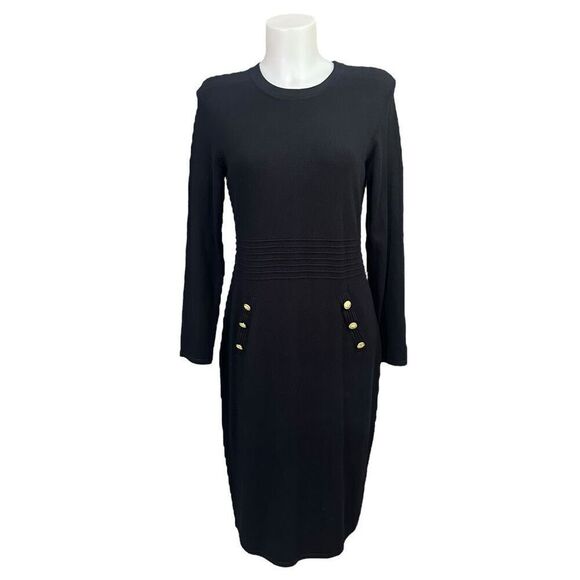DKNY Black Long Sleeve Knit Sweater Dress Chunky  Buttons sz Medium‎ NEW - Picture 1 of 9